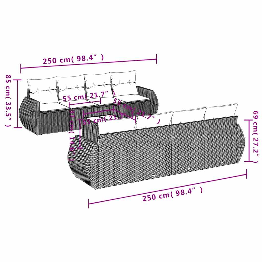 9-teiliges Gartensofa-Set mit Kissen, braun, Polyrattan
