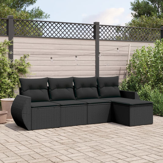 5-piece garden sofa set with cushions, black poly rattan