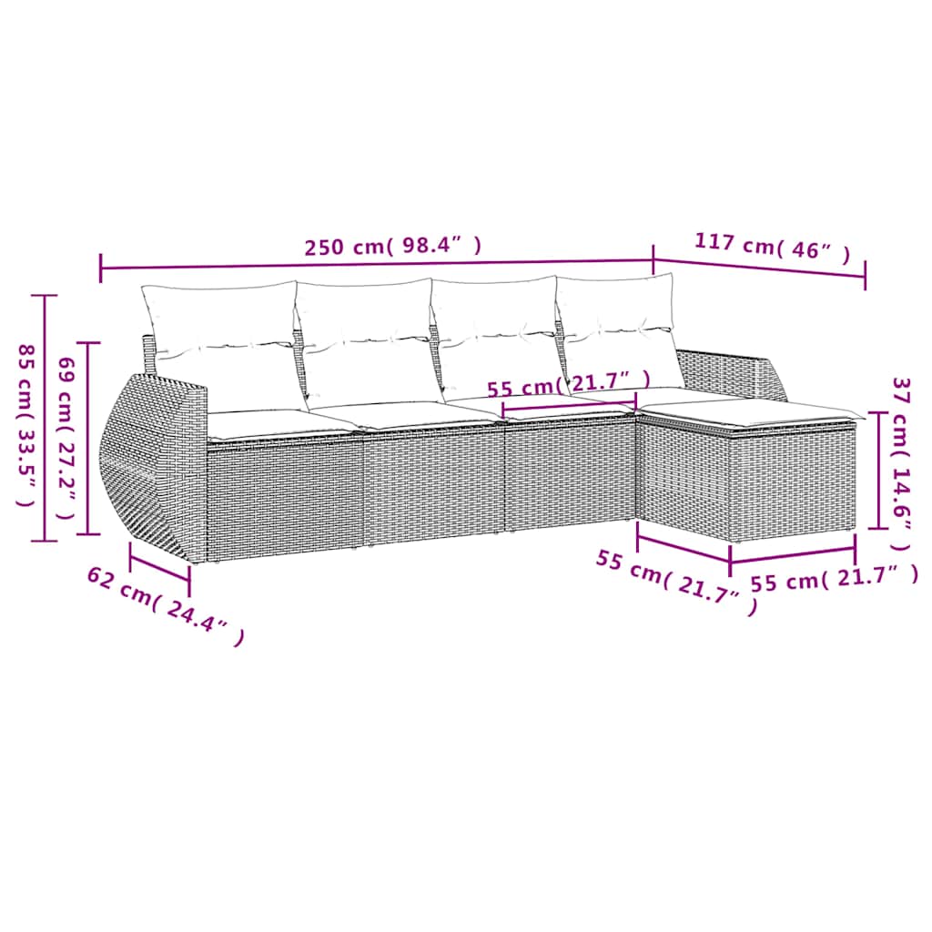 5-teiliges Gartensofa-Set mit Kissen, grau, Polyrattan