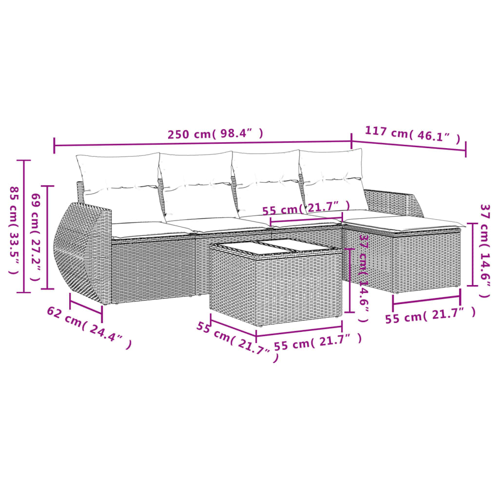 6-tlg. Garten-Sofagarnitur mit Kissen Grau Poly Rattan