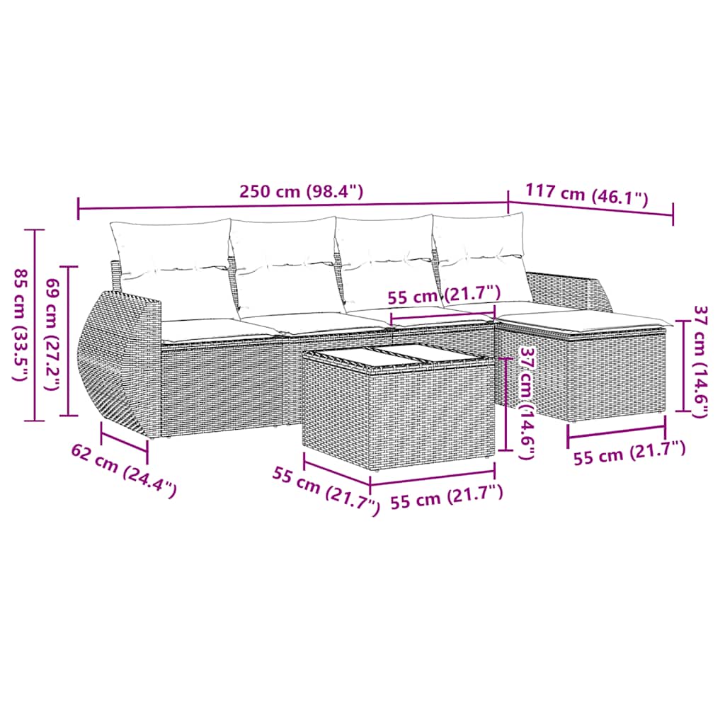 6-tlg. Garten-Sofagarnitur mit Kissen Hellgrau Poly Rattan