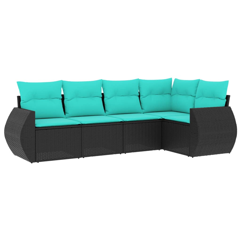 5-teiliges Gartensofa-Set mit Kissen, schwarzes Polyrattan