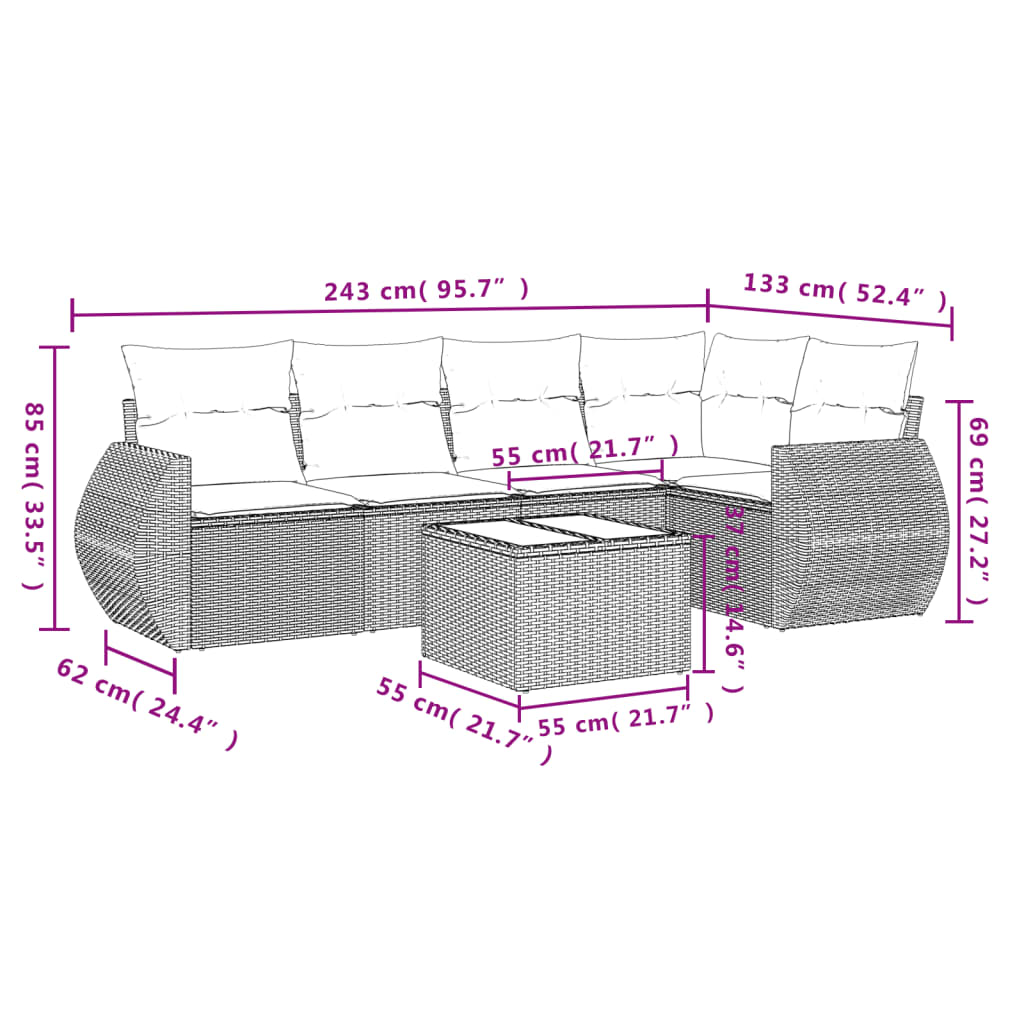 6-teiliges Gartensofa-Set mit Kissen, braun, Polyrattan