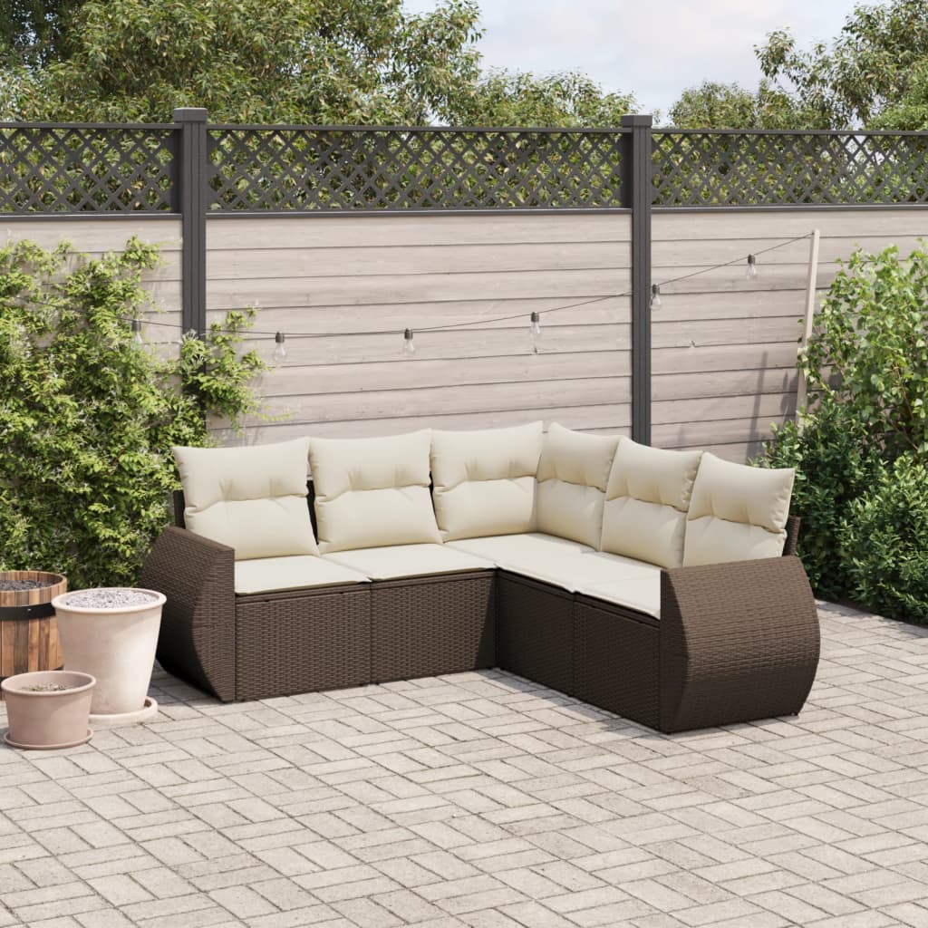 5-tlg. Garten-Sofagarnitur mit Kissen Braun Poly Rattan