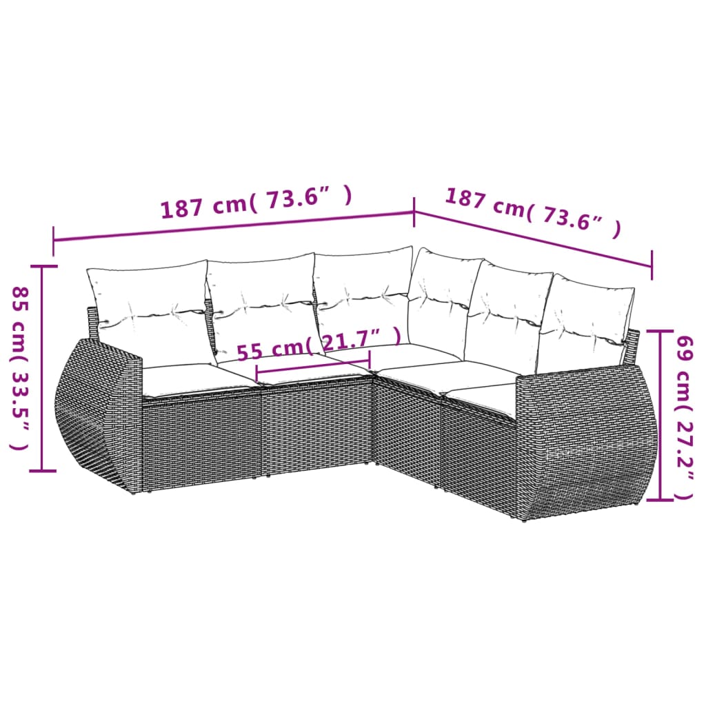 5-teiliges Gartensofa-Set mit Kissen, braun, Polyrattan