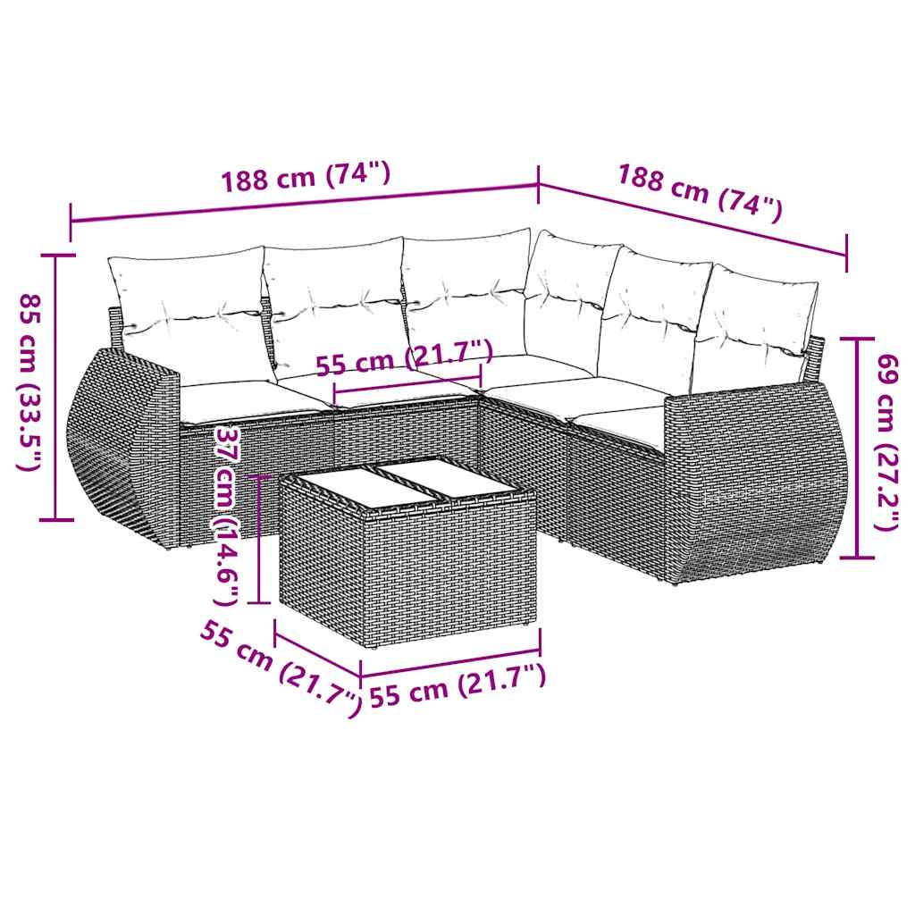 6-tlg. Garten-Sofagarnitur mit Kissen Hellgrau Poly Rattan