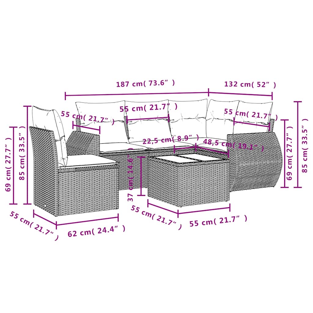 6-tlg. Garten-Sofagarnitur mit Kissen Schwarz Poly Rattan