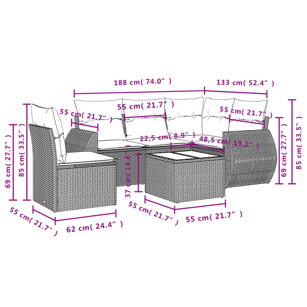 6-teiliges Gartensofa-Set mit Kissen, grau, Polyrattan