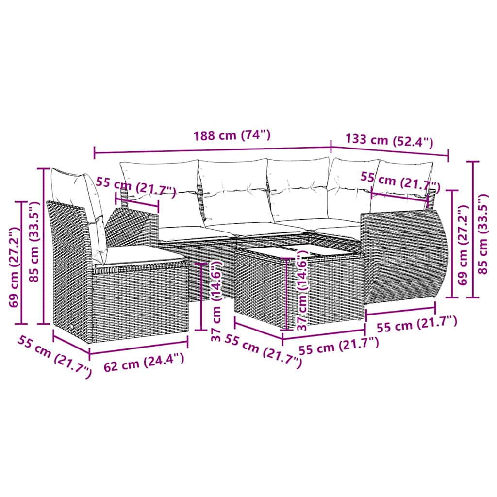 6-tlg. Garten-Sofagarnitur mit Kissen Hellgrau Poly Rattan