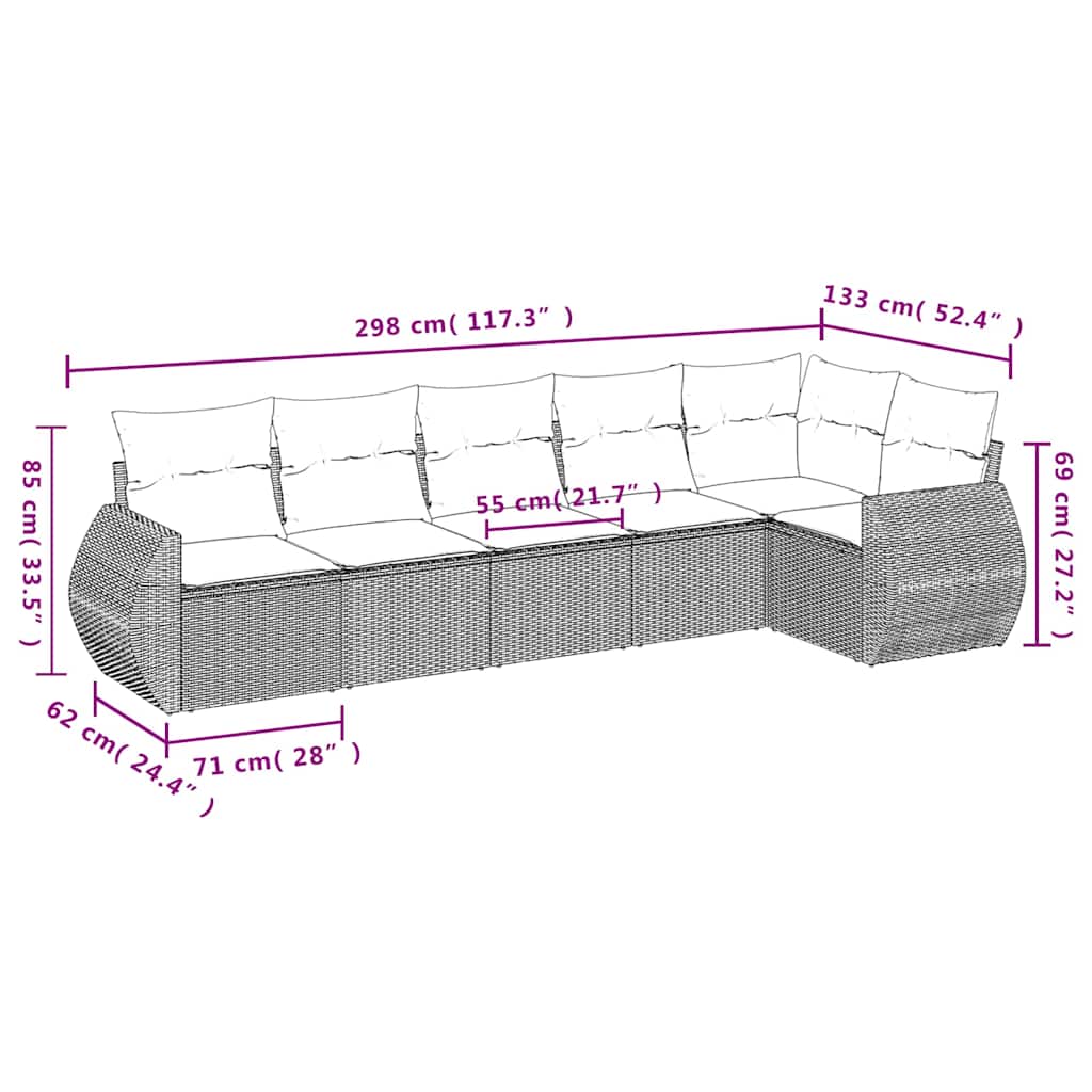 6-teiliges Gartensofa-Set mit Kissen, schwarzes Polyrattan