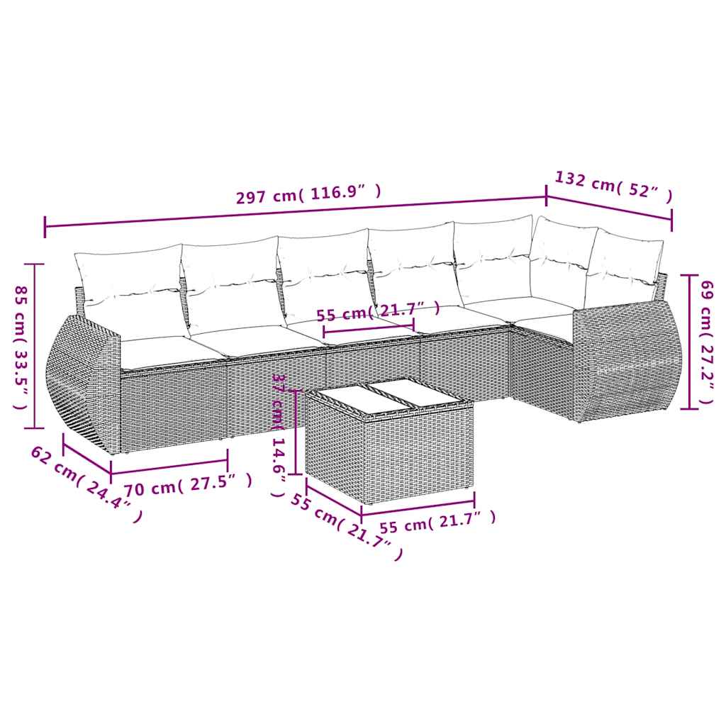 7-tlg. Garten-Sofagarnitur mit Kissen Schwarz Poly Rattan