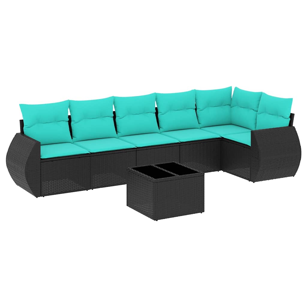 7-teiliges Gartensofa-Set mit Kissen, schwarzes Polyrattan