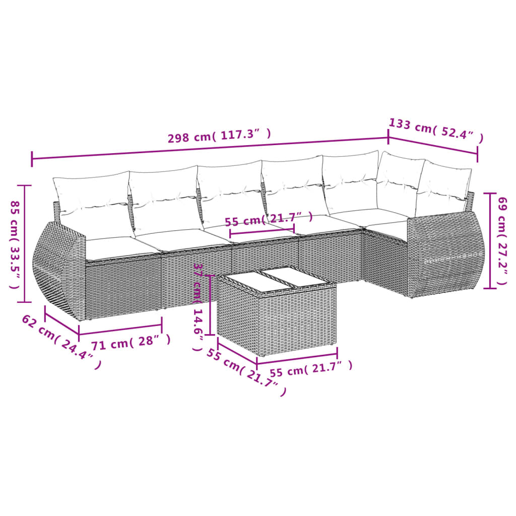 7-teiliges Gartensofa-Set mit Kissen, schwarzes Polyrattan