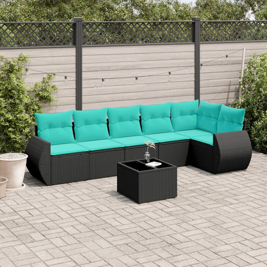 7-teiliges Gartensofa-Set mit Kissen, schwarzes Polyrattan