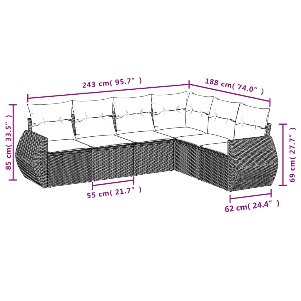 6-teiliges Gartensofa-Set mit Kissen, schwarzes Polyrattan