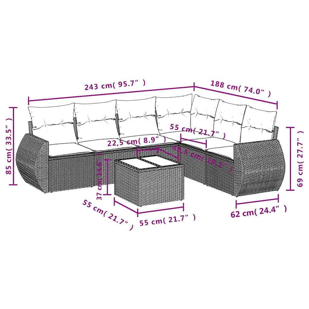 7-teiliges Gartensofa-Set mit Kissen, schwarzes Polyrattan