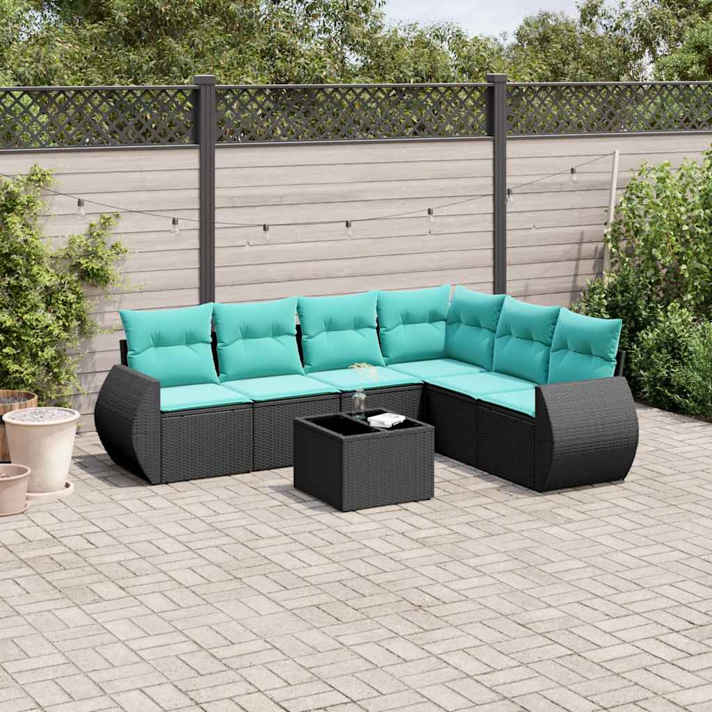 7-teiliges Gartensofa-Set mit Kissen, schwarzes Polyrattan