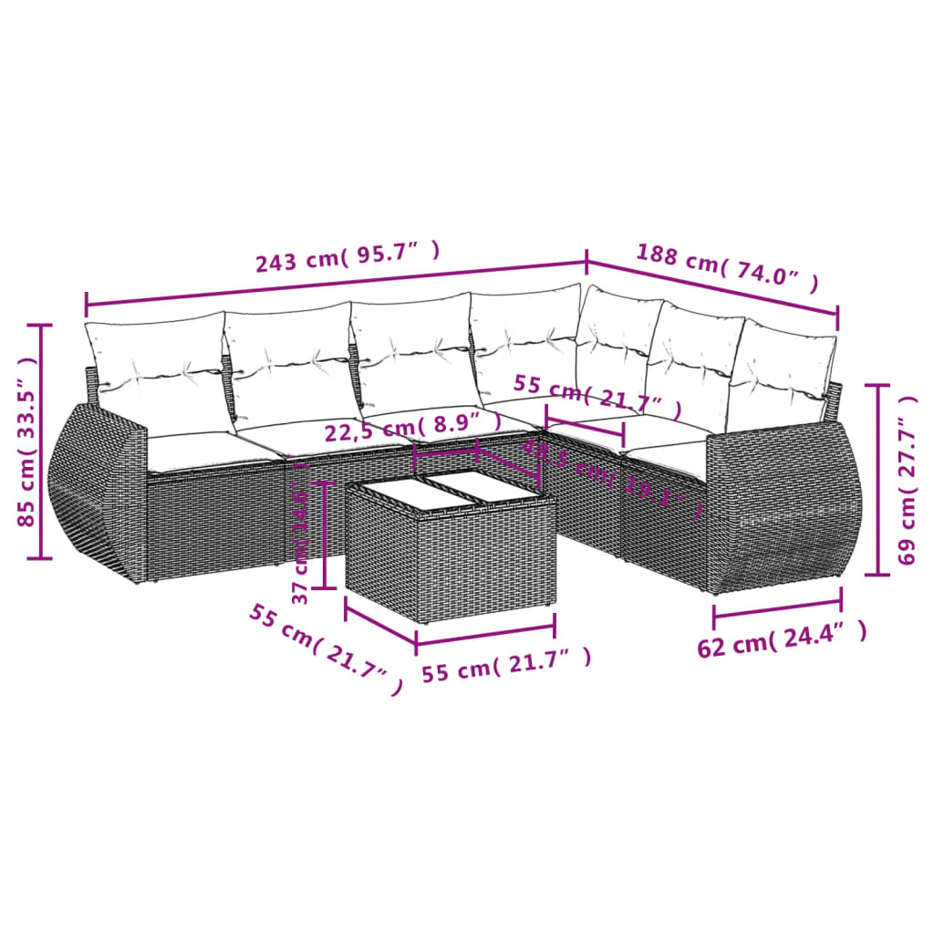7-teiliges Gartensofa-Set mit Kissen, grau, Polyrattan