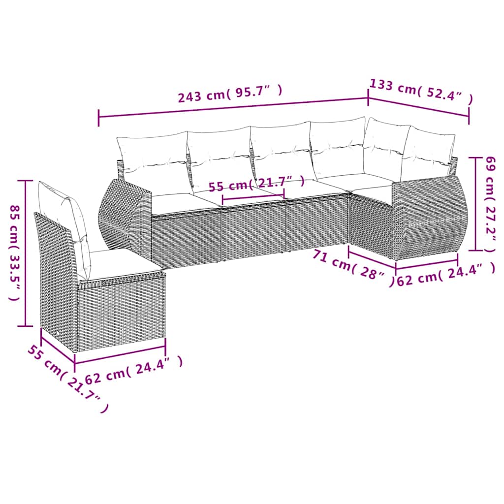 6-teiliges Gartensofa-Set mit Kissen, schwarzes Polyrattan