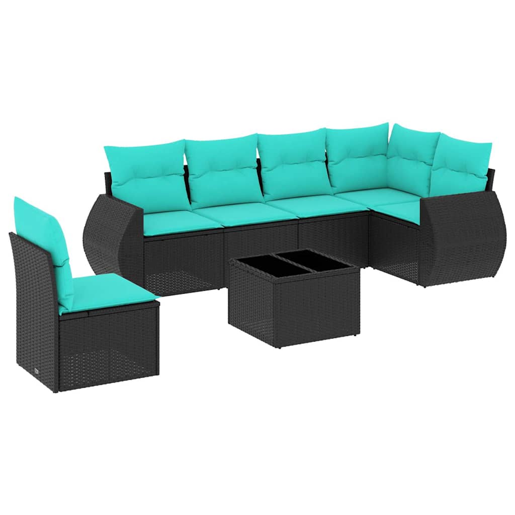 7-teiliges Gartensofa-Set mit Kissen, schwarzes Polyrattan