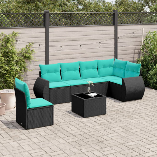 7-teiliges Gartensofa-Set mit Kissen, schwarzes Polyrattan