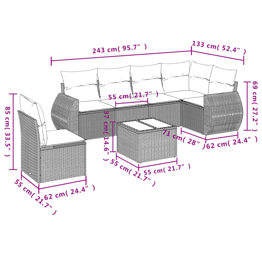 7-teiliges Gartensofa-Set mit Kissen, grau, Polyrattan