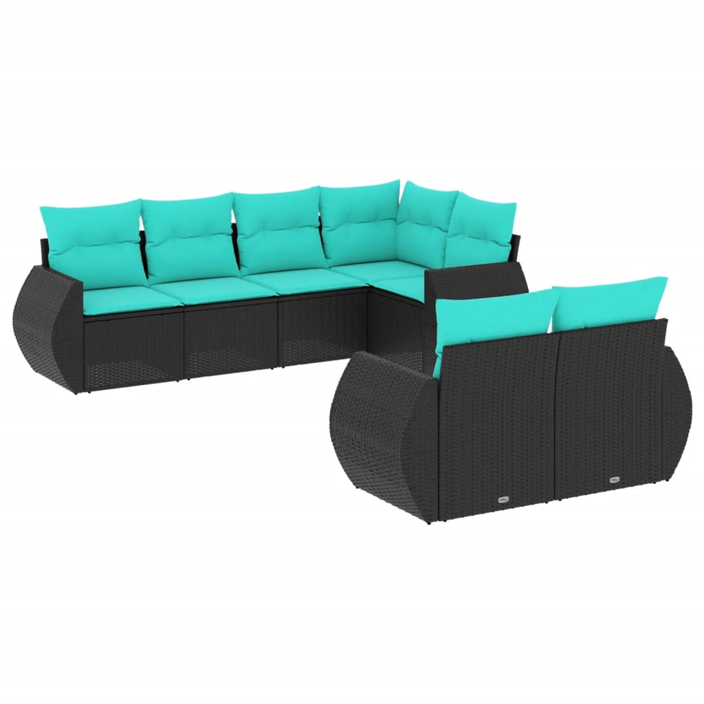 7-teiliges Gartensofa-Set mit Kissen, schwarzes Polyrattan