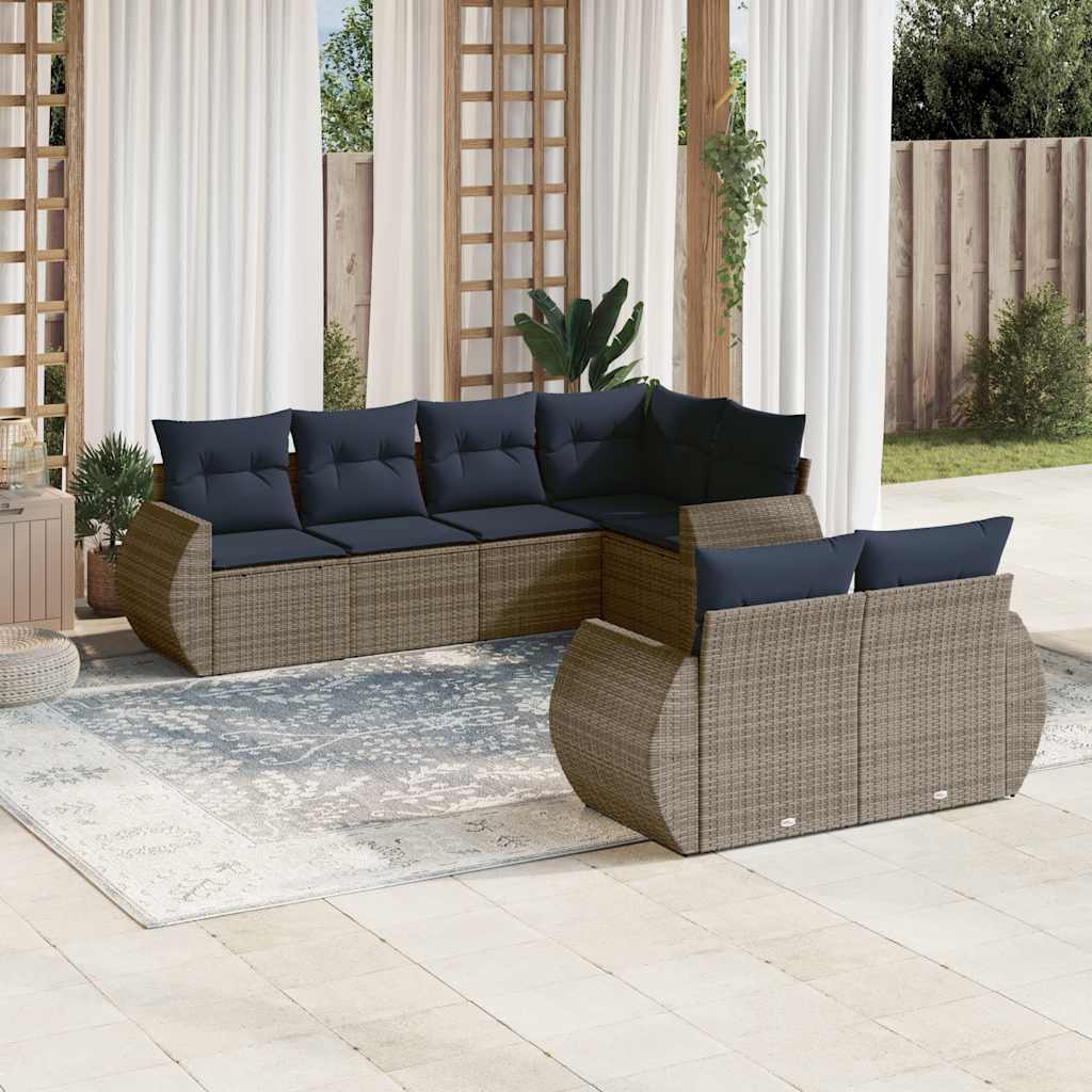 7-teiliges Gartensofa-Set mit Kissen, grau, Polyrattan