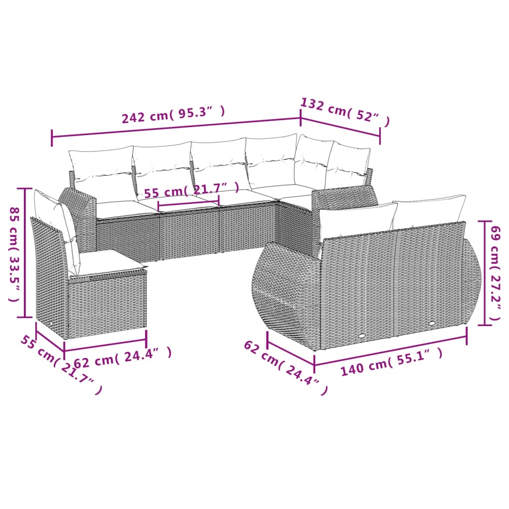 8-teiliges Gartensofa-Set mit Kissen, schwarzes Polyrattan