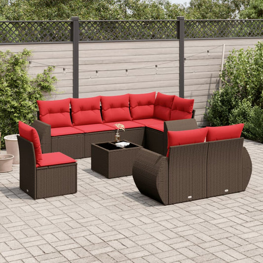 9-teiliges Gartensofa-Set mit Kissen, braun, Polyrattan