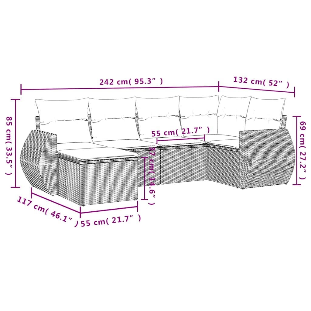 6-tlg. Garten-Sofagarnitur mit Kissen Schwarz Poly Rattan