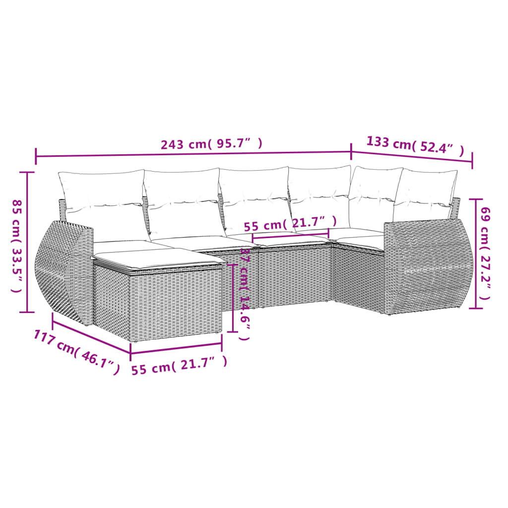 6-teiliges Gartensofa-Set mit Kissen, braun, Polyrattan