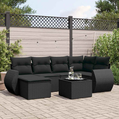 7-tlg. Garten-Sofagarnitur mit Kissen Schwarz Poly Rattan