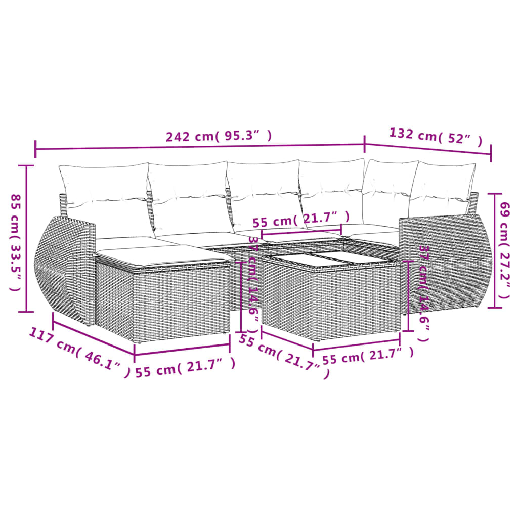 7-teiliges Gartensofa-Set mit Kissen, braun, Polyrattan