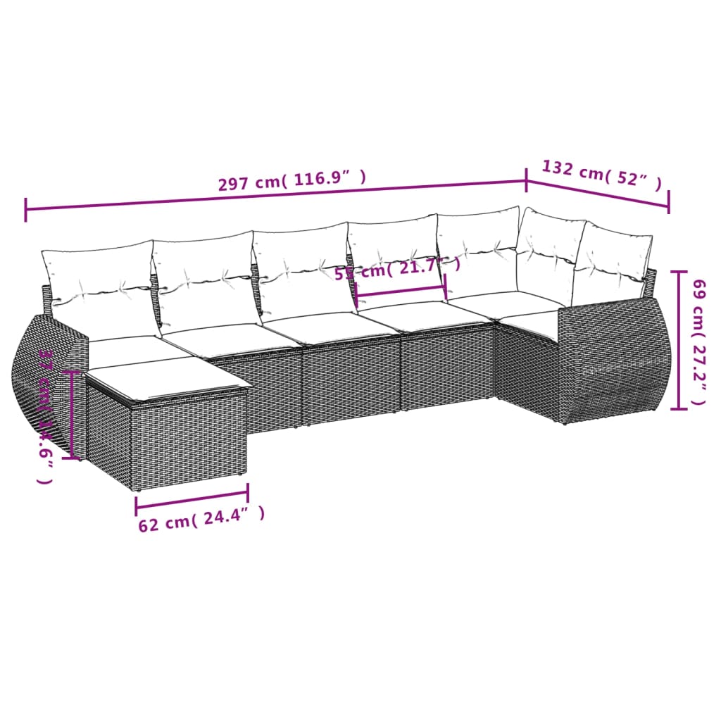 7-teiliges Gartensofa-Set mit Kissen, schwarzes Polyrattan