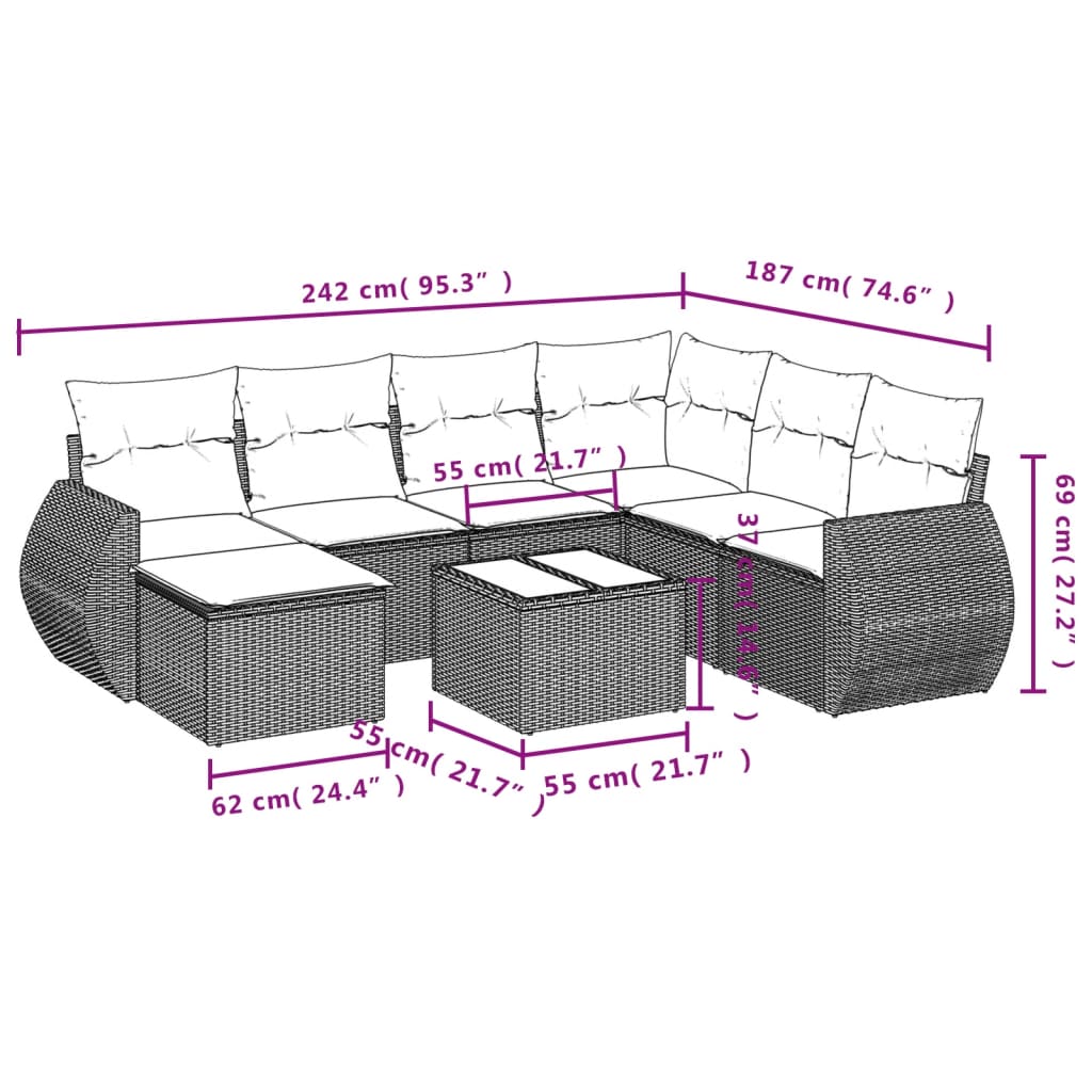 8-teiliges Gartensofa-Set mit Kissen, schwarzes Polyrattan