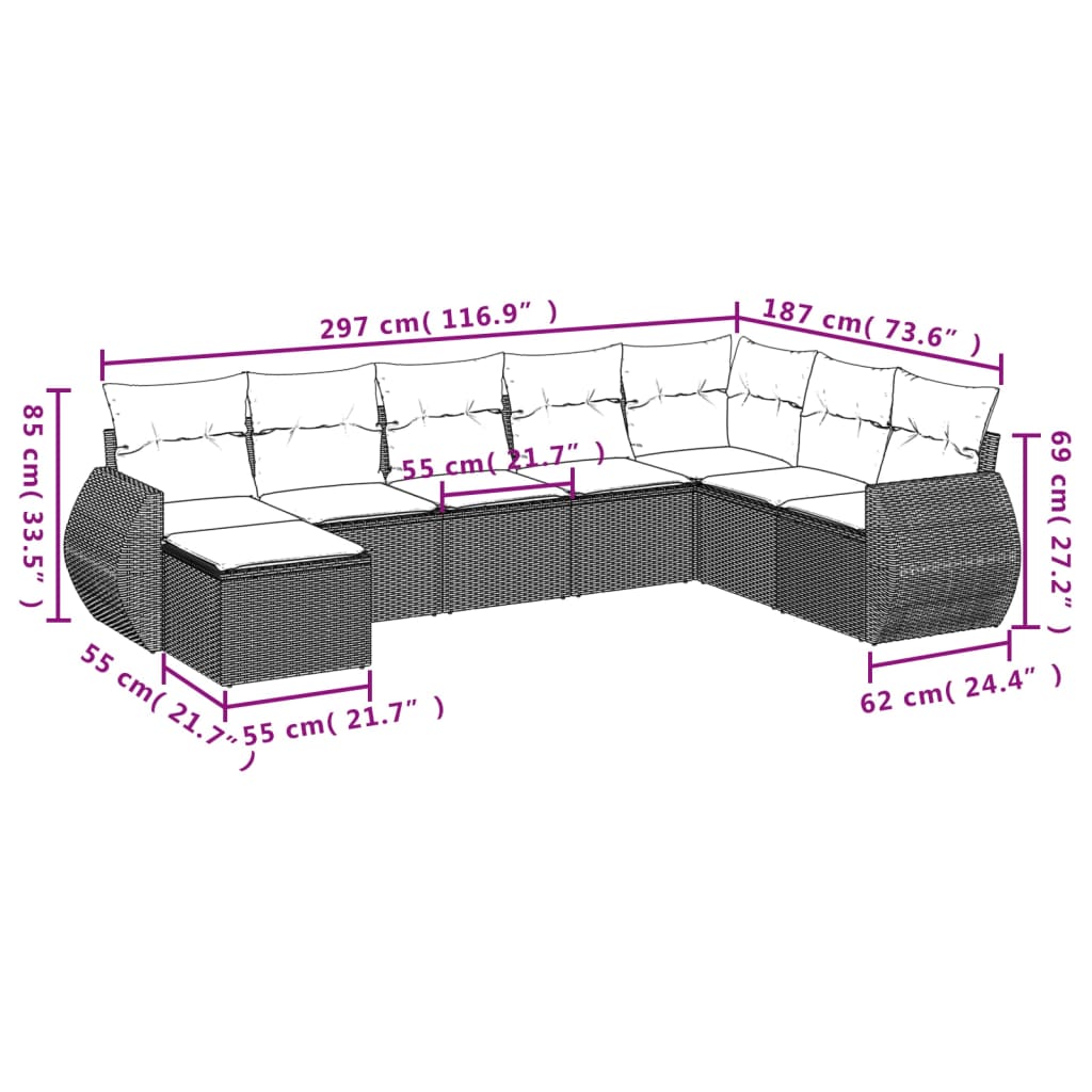 8-teiliges Gartensofa-Set mit Kissen, braun, Polyrattan