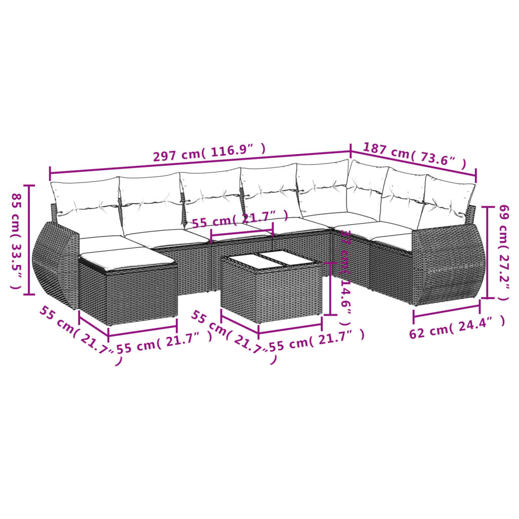 9-teiliges Gartensofa-Set mit Kissen, schwarzes Polyrattan