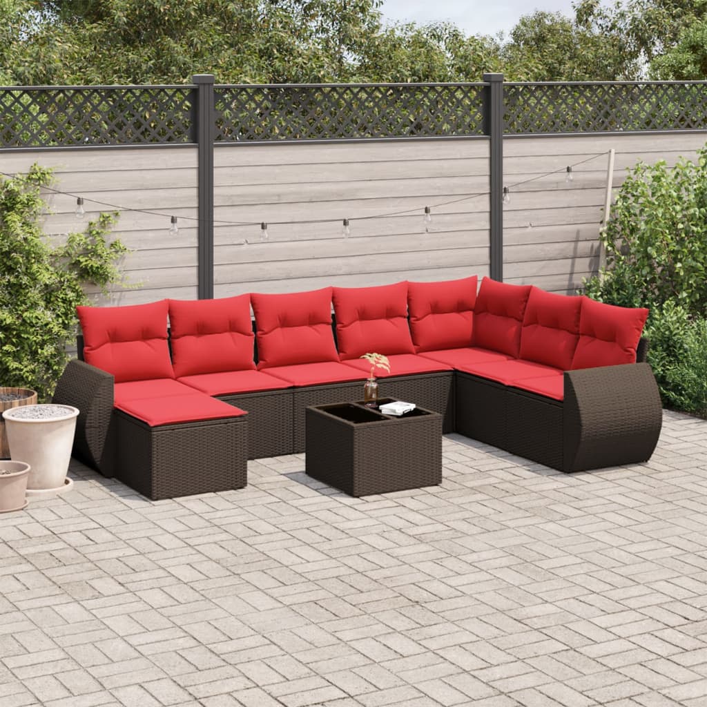 9-teiliges Gartensofa-Set mit Kissen, braun, Polyrattan