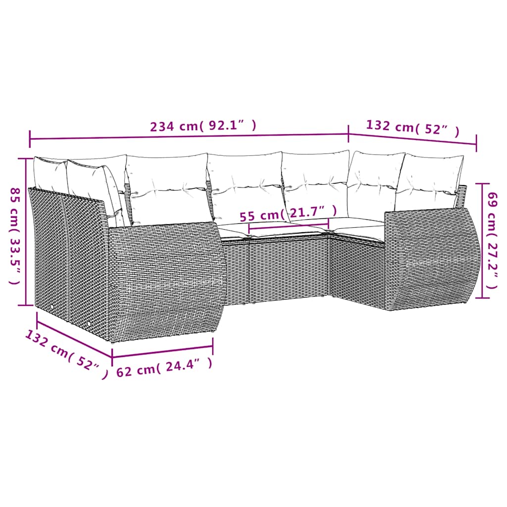 6-teiliges Gartensofa-Set mit Kissen, braun, Polyrattan