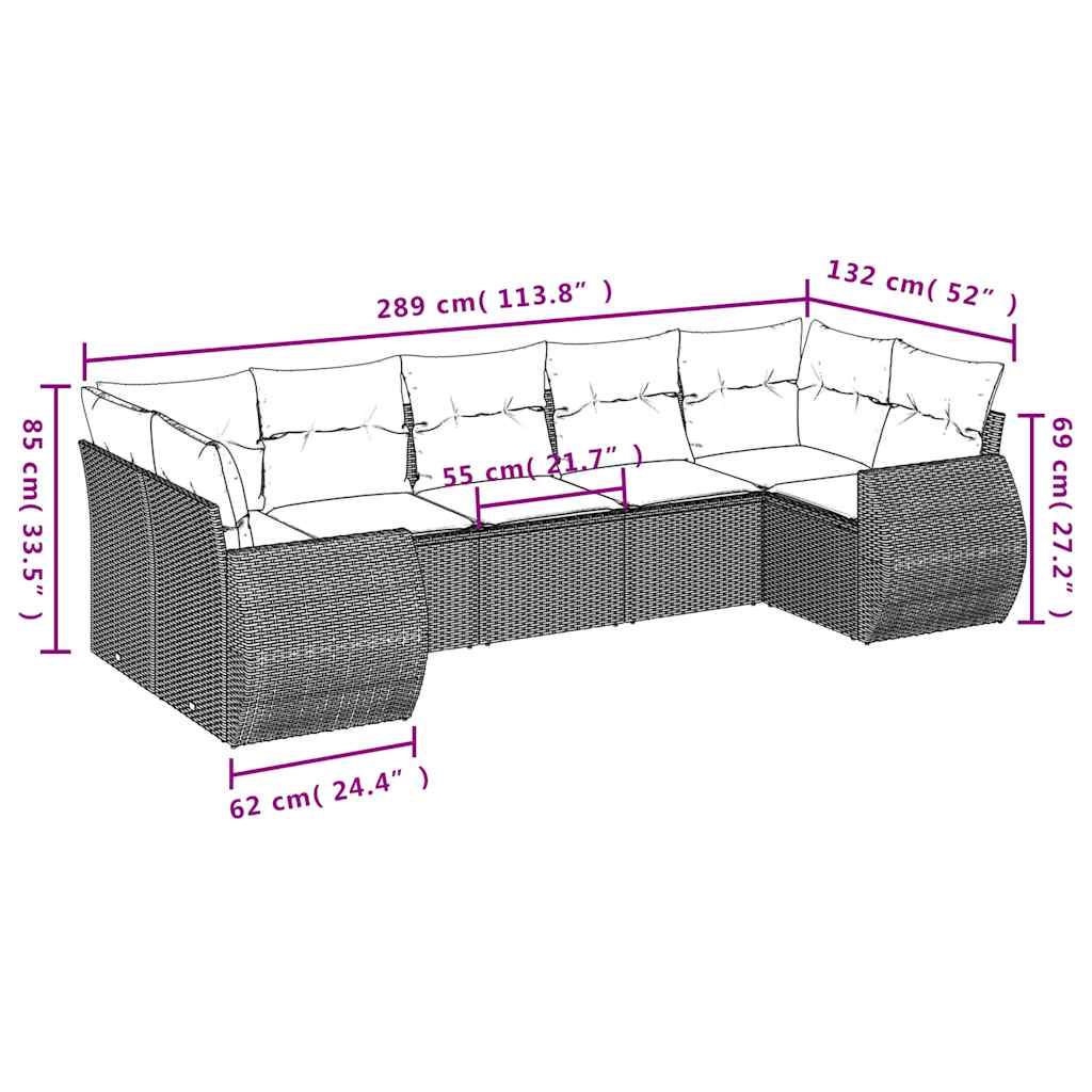 7-teiliges Gartensofa-Set mit Kissen, braun, Polyrattan