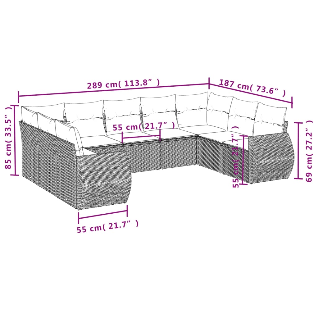 9-teiliges Gartensofa-Set mit Kissen, schwarzes Polyrattan
