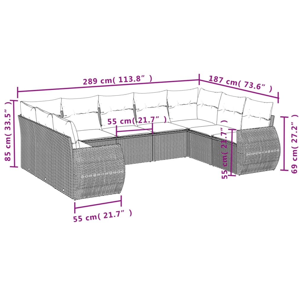 9-teiliges Gartensofa-Set mit Kissen, grau, Polyrattan