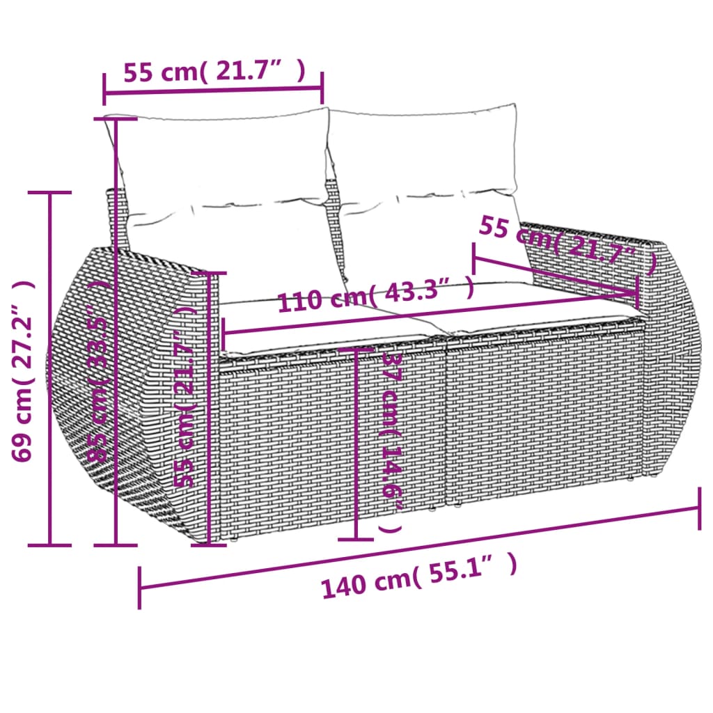 9-teiliges Gartensofa-Set mit Kissen, grau, Polyrattan