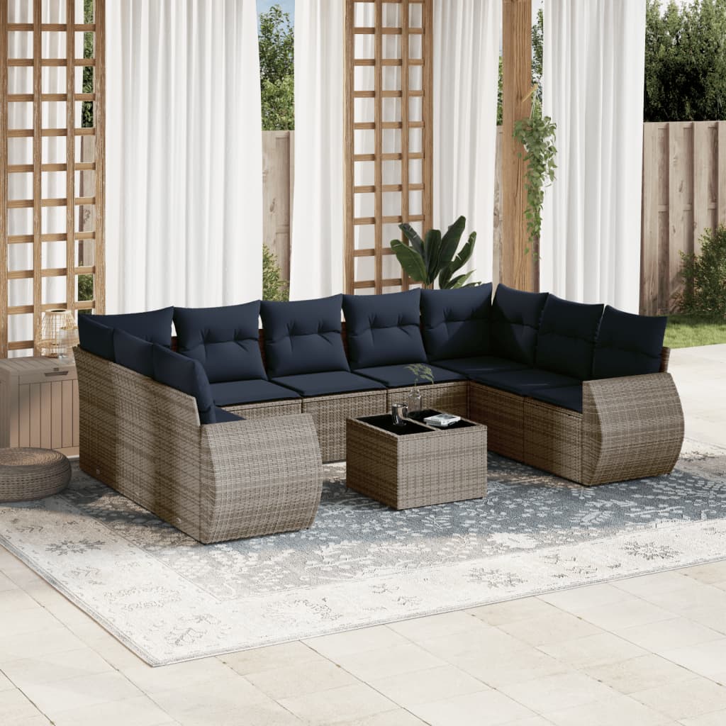 10-teiliges Gartensofa-Set mit Kissen, grau, Polyrattan