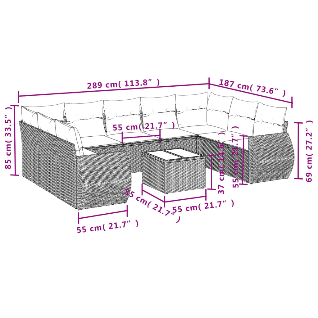10-teiliges Gartensofa-Set mit Kissen, braun, Polyrattan
