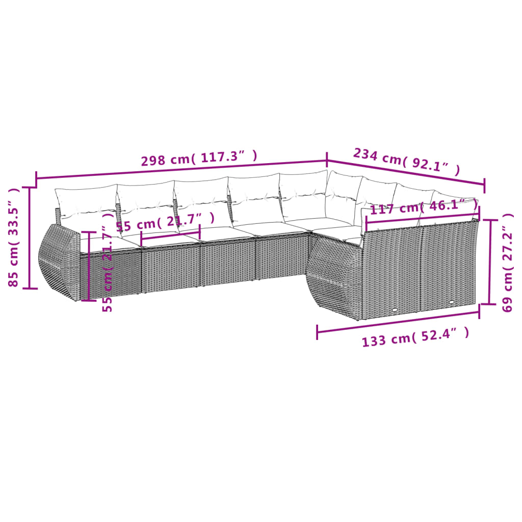 9-teiliges Gartensofa-Set mit Kissen, grau, Polyrattan