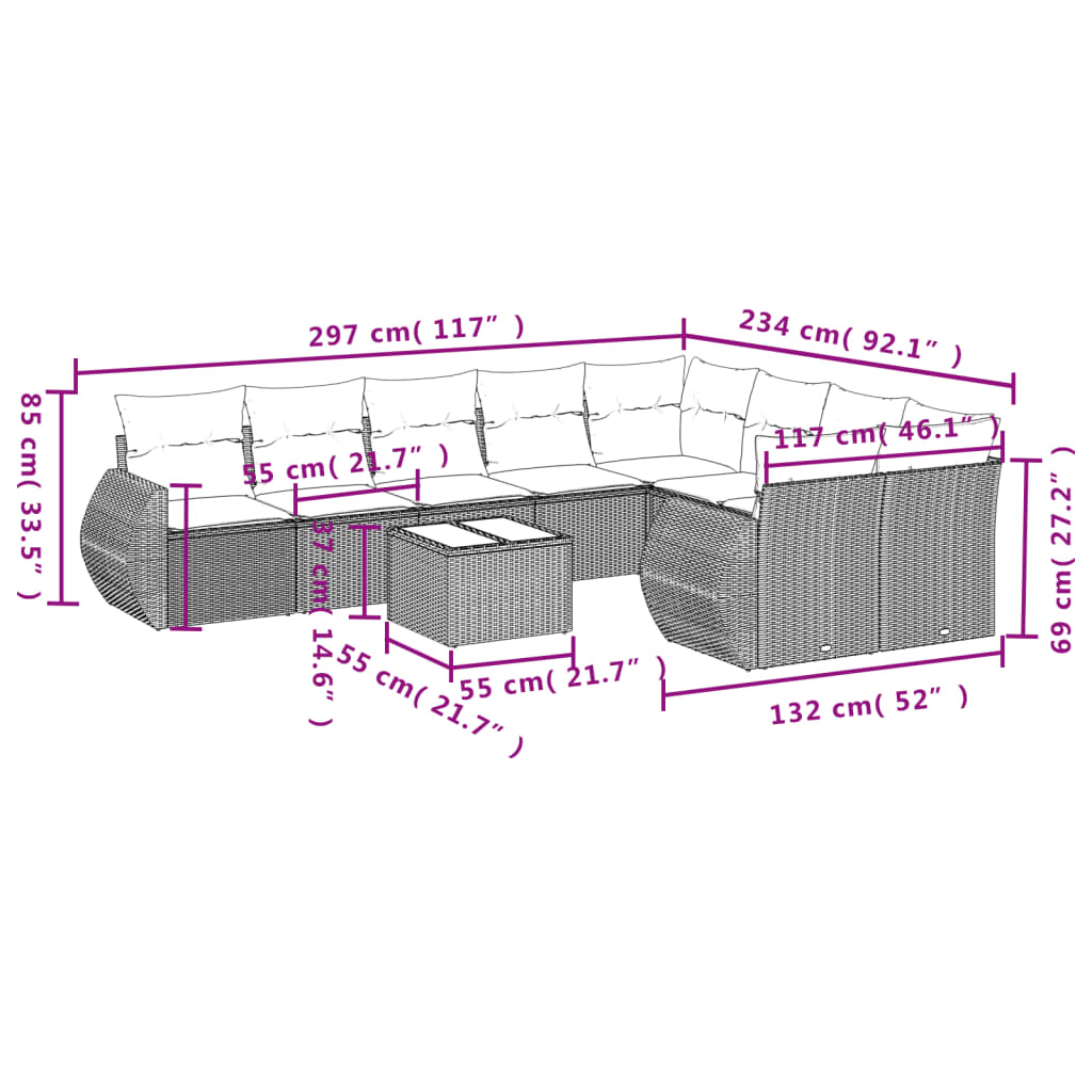 10-teiliges Gartensofa-Set mit Kissen, grau, Polyrattan