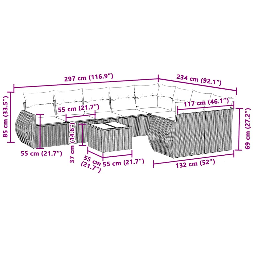 10-tlg. Garten-Sofagarnitur mit Kissen Hellgrau Poly Rattan