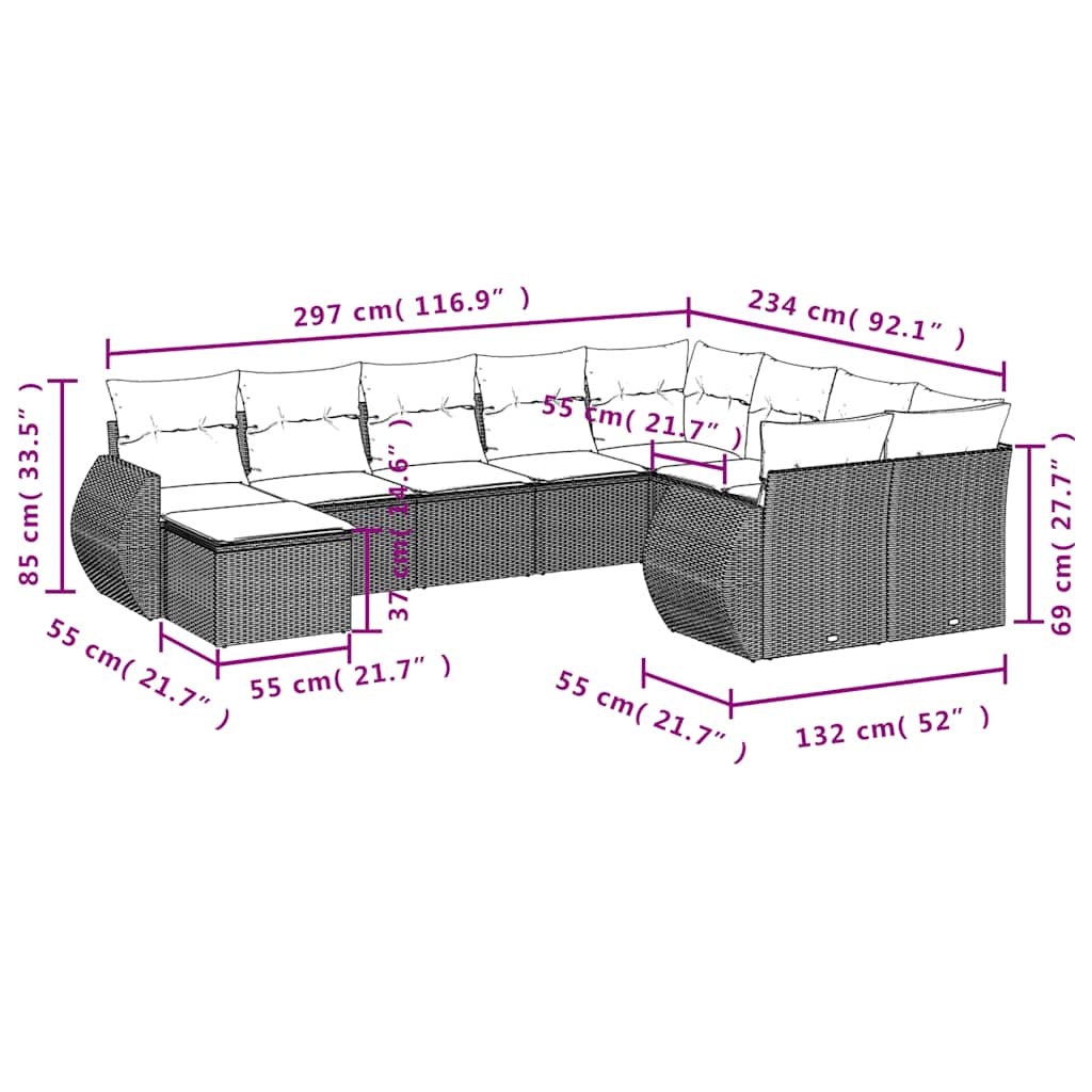 10-teiliges Gartensofa-Set mit Kissen, schwarzes Polyrattan